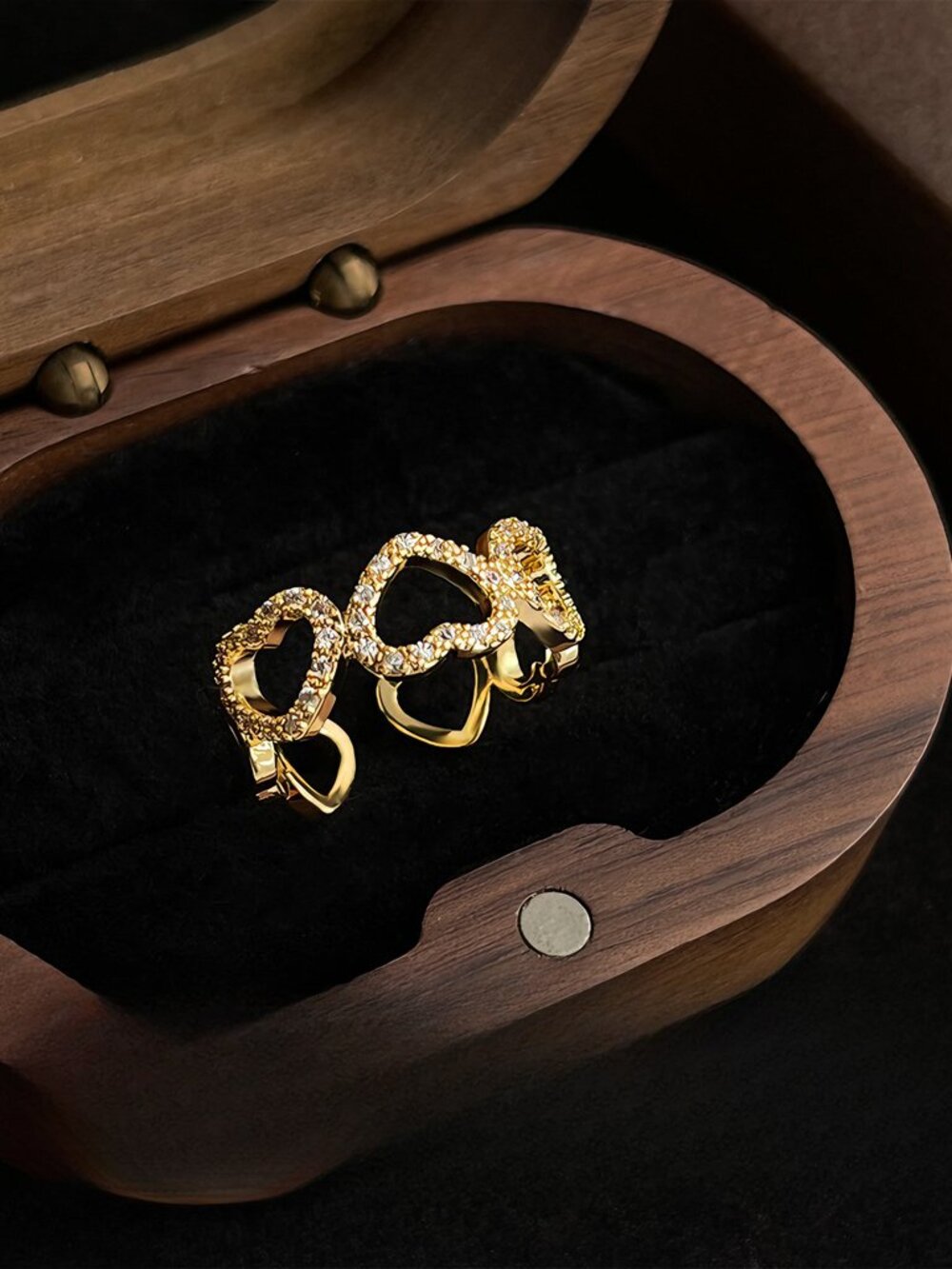 Gold Double Heart Open Ring Adjustable CZ Heart Ring Fashion Jewelry